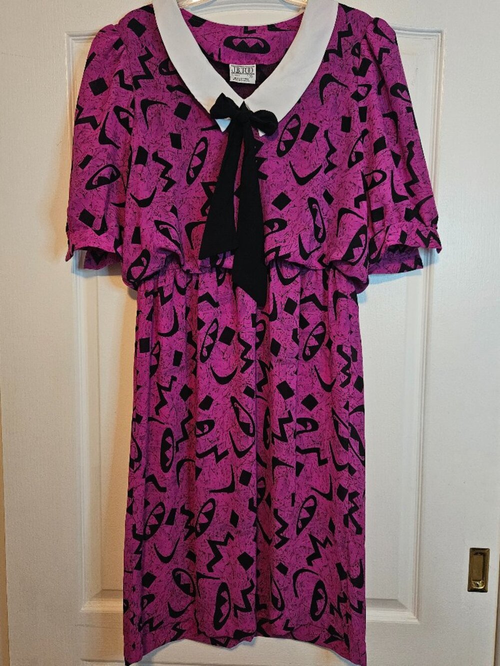 Vintage J.B. TOO Shirtwaist Dress 18 Magenta Abstract White Collar Bow Secretary